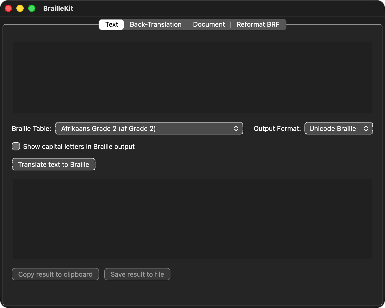 BrailleKit main window (dark)