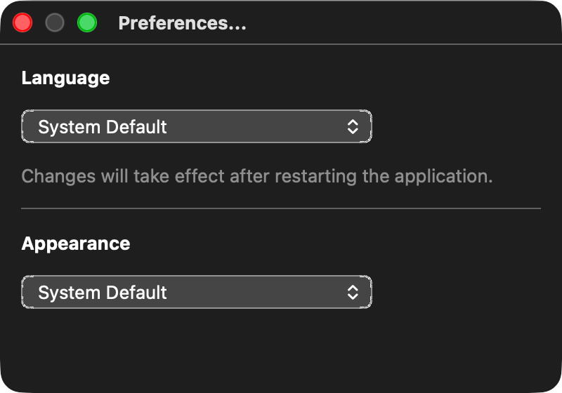 Preferences dialog, macOS dark