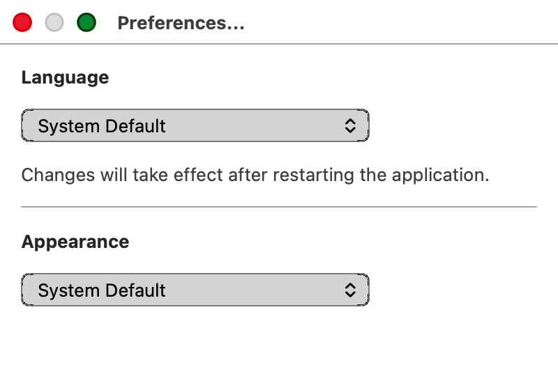 Preferences dialog, macOS light