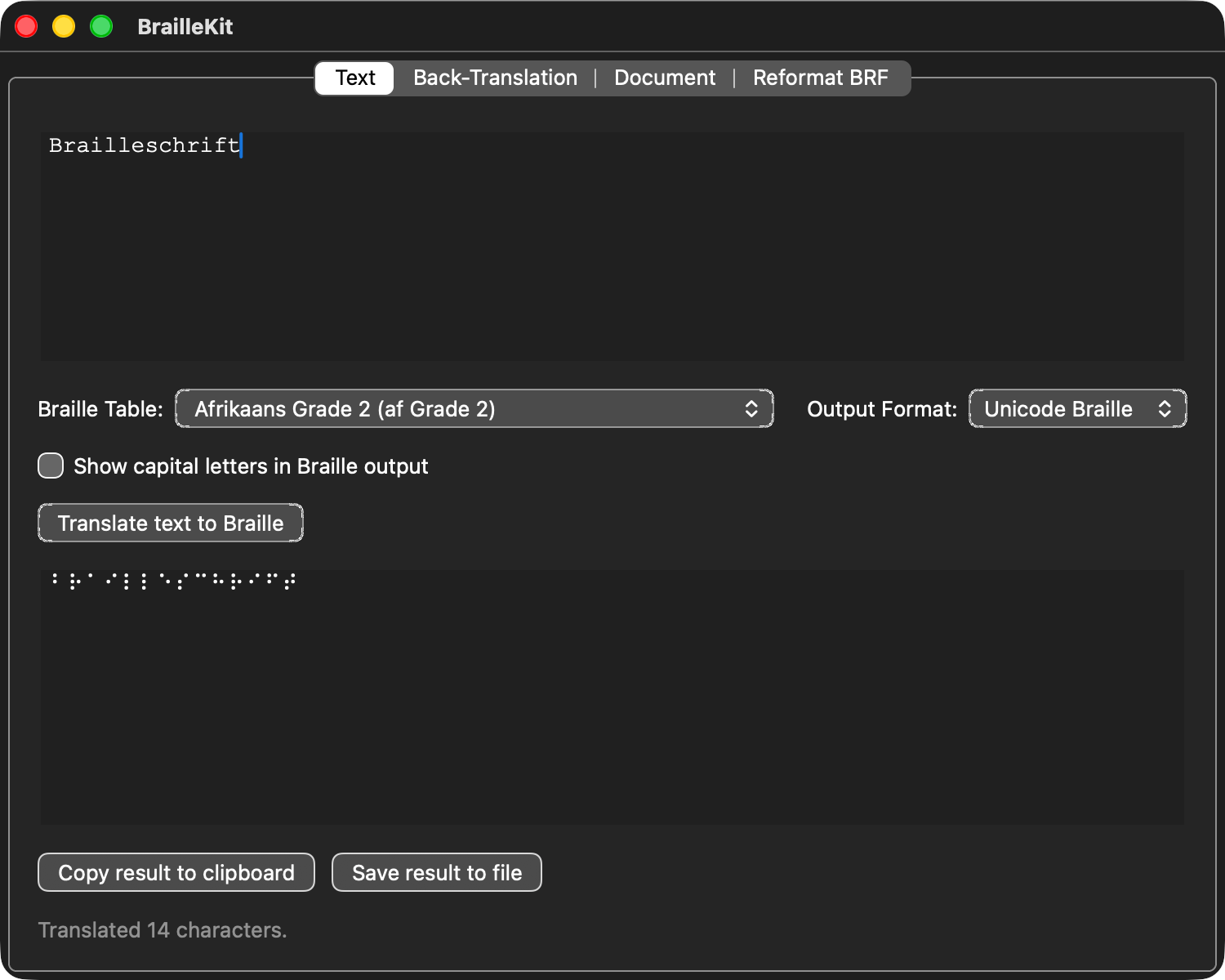 Text-to-Braille translation tab (dark)