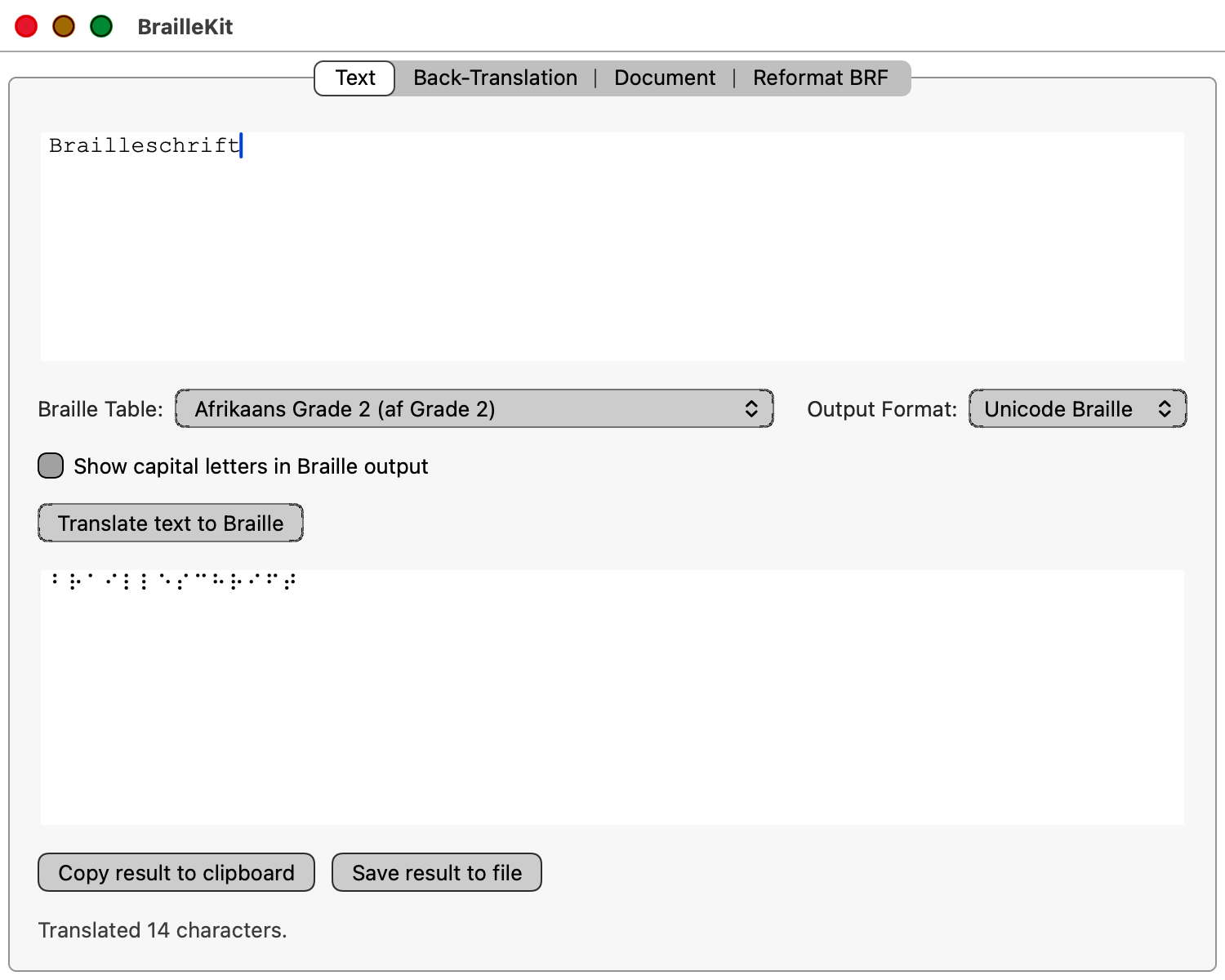 Text-to-Braille translation tab