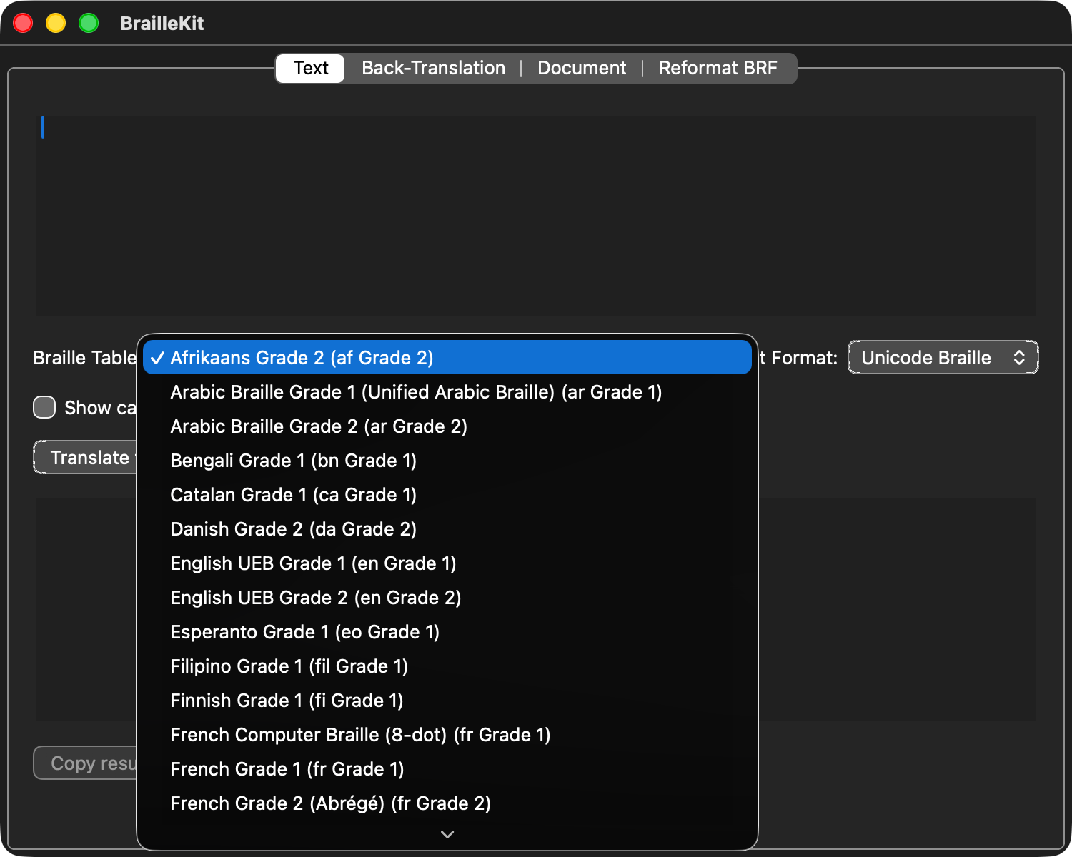 Translation table picker (dark)