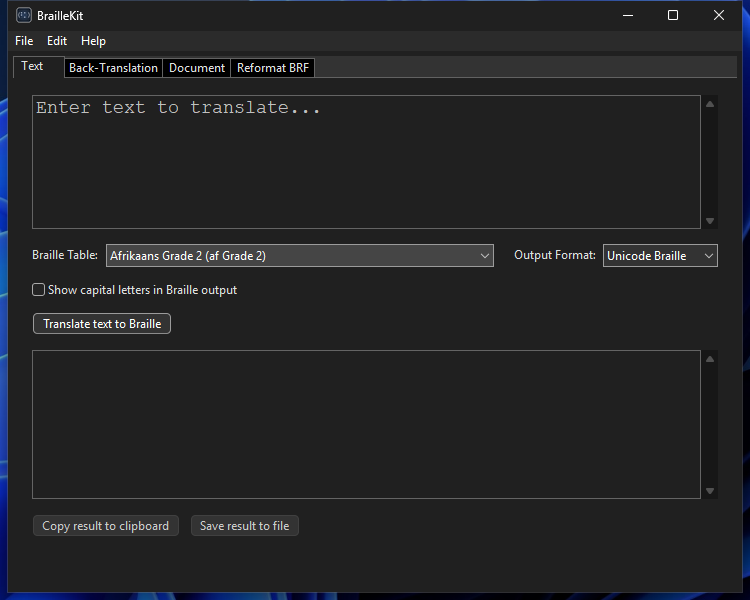 BrailleKit main window on Windows (dark)