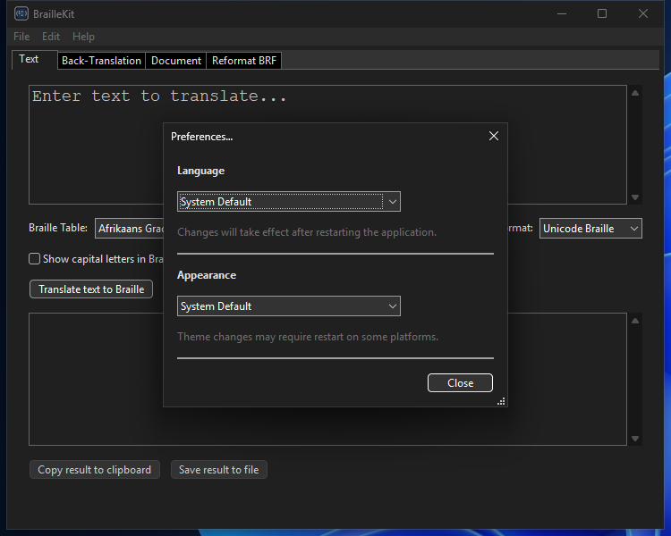 Preferences dialog, Windows dark