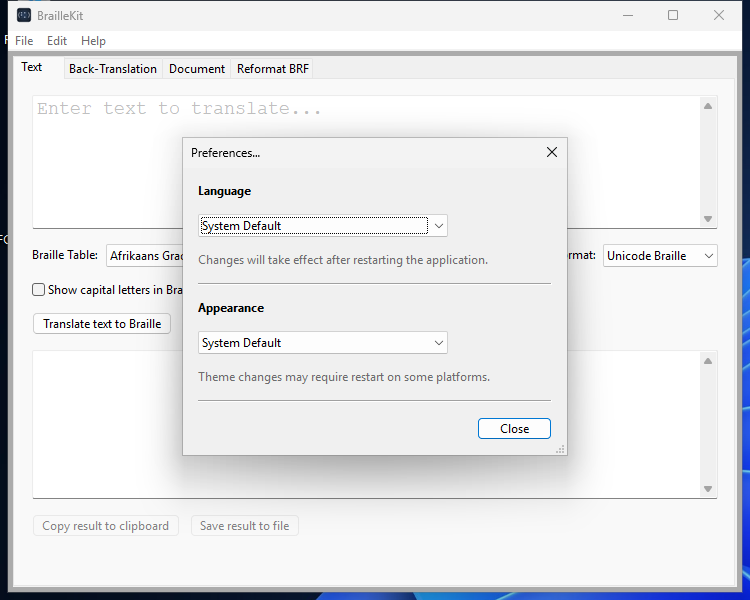 Preferences dialog, Windows light