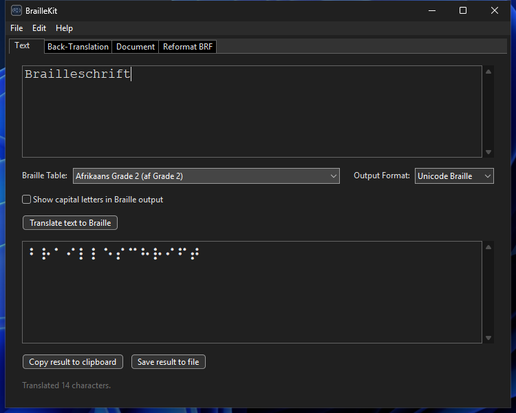 Text translation tab on Windows (dark)