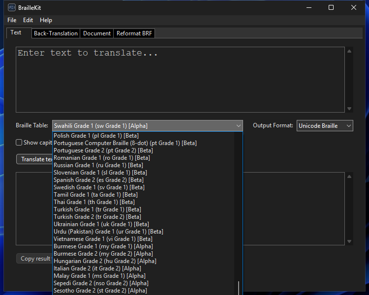 Table picker on Windows (dark)
