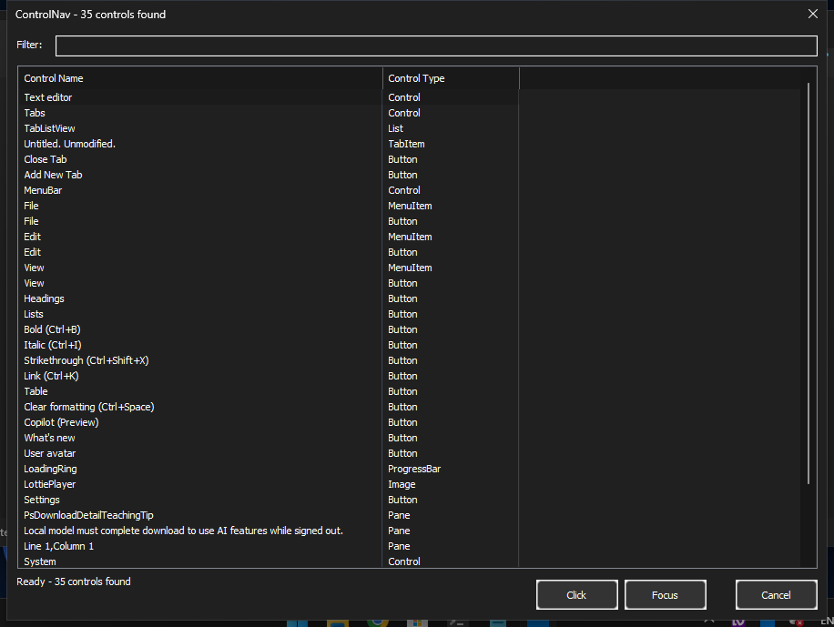 ControlNav control list dialog (dark mode)