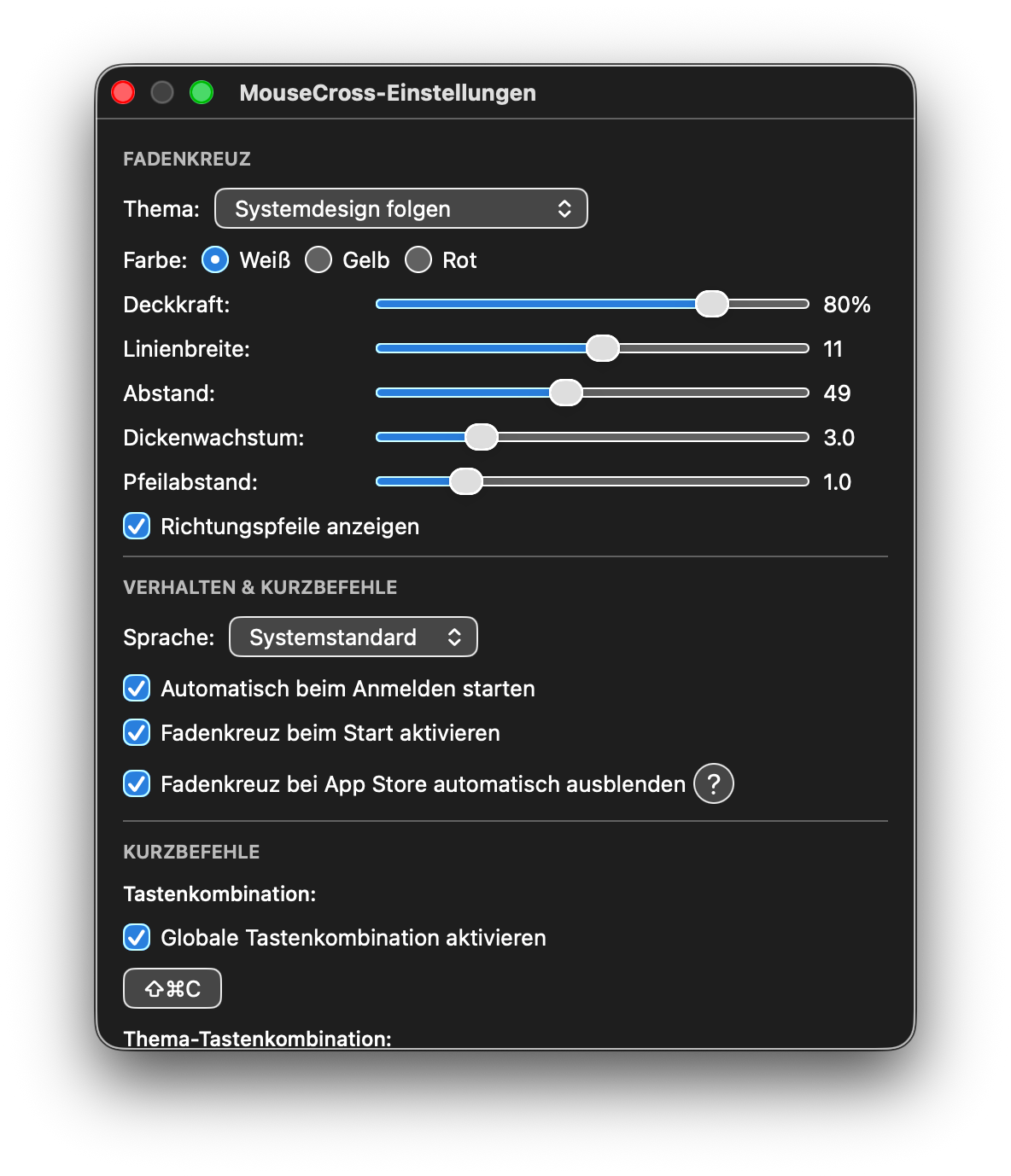 Einstellungsfenster auf macOS (dunkel)