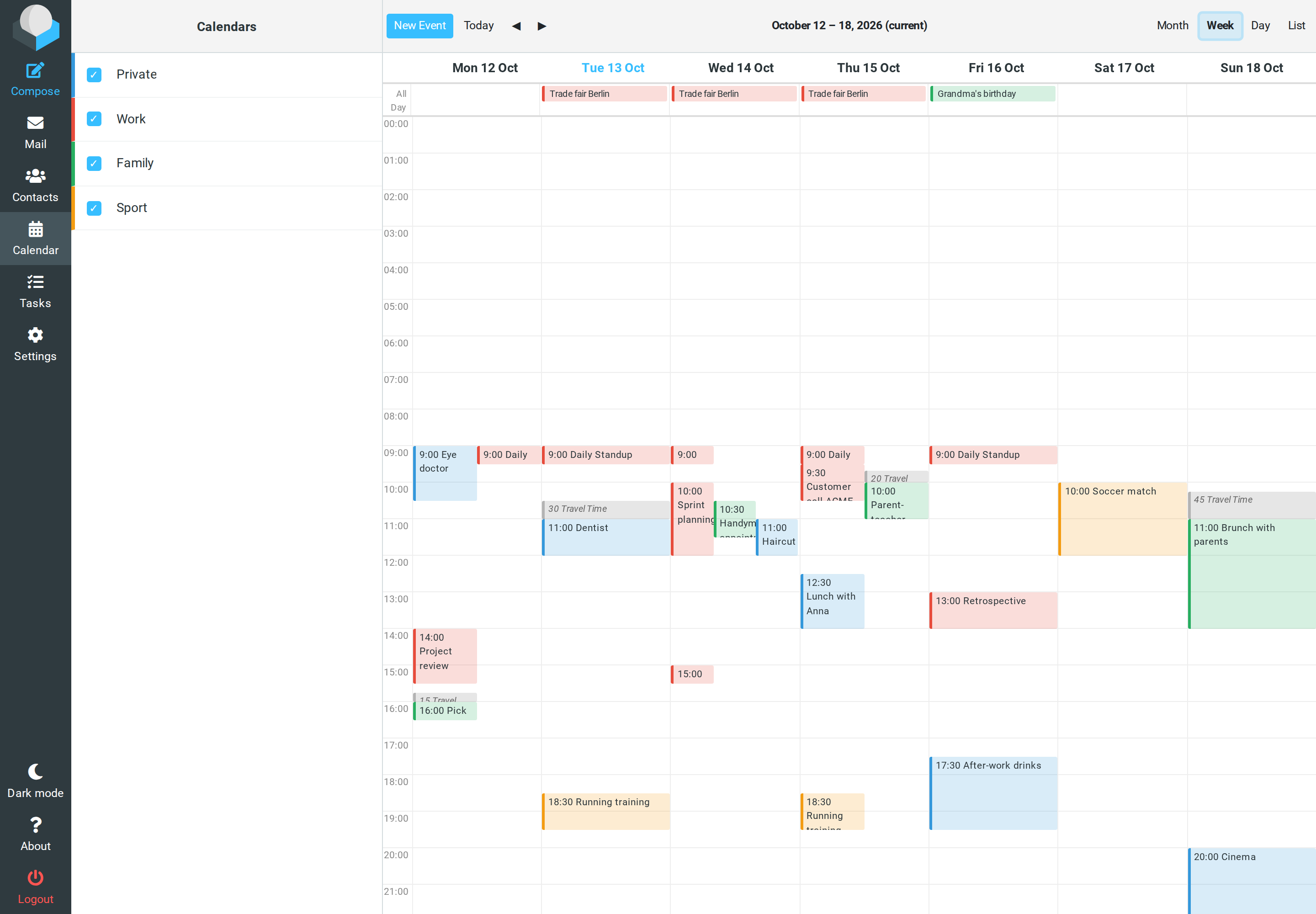 Wochenansicht des Kalenders: links vier Kalender mit Farben, rechts die Termine der Woche.